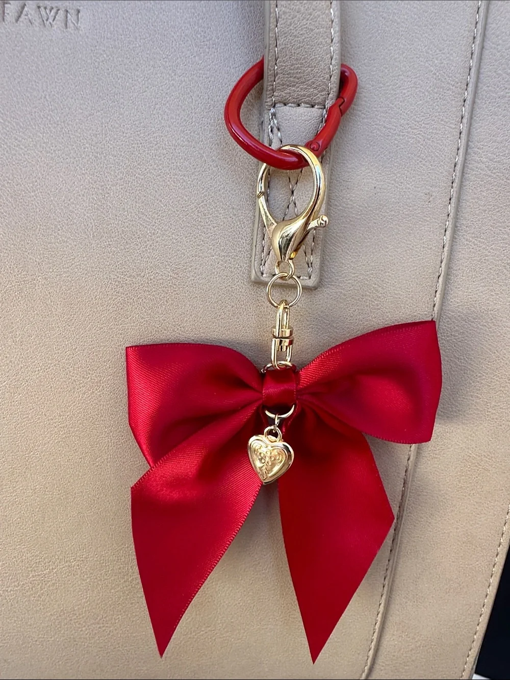 Fawn Design Taupe Tote with Red Bow Charm